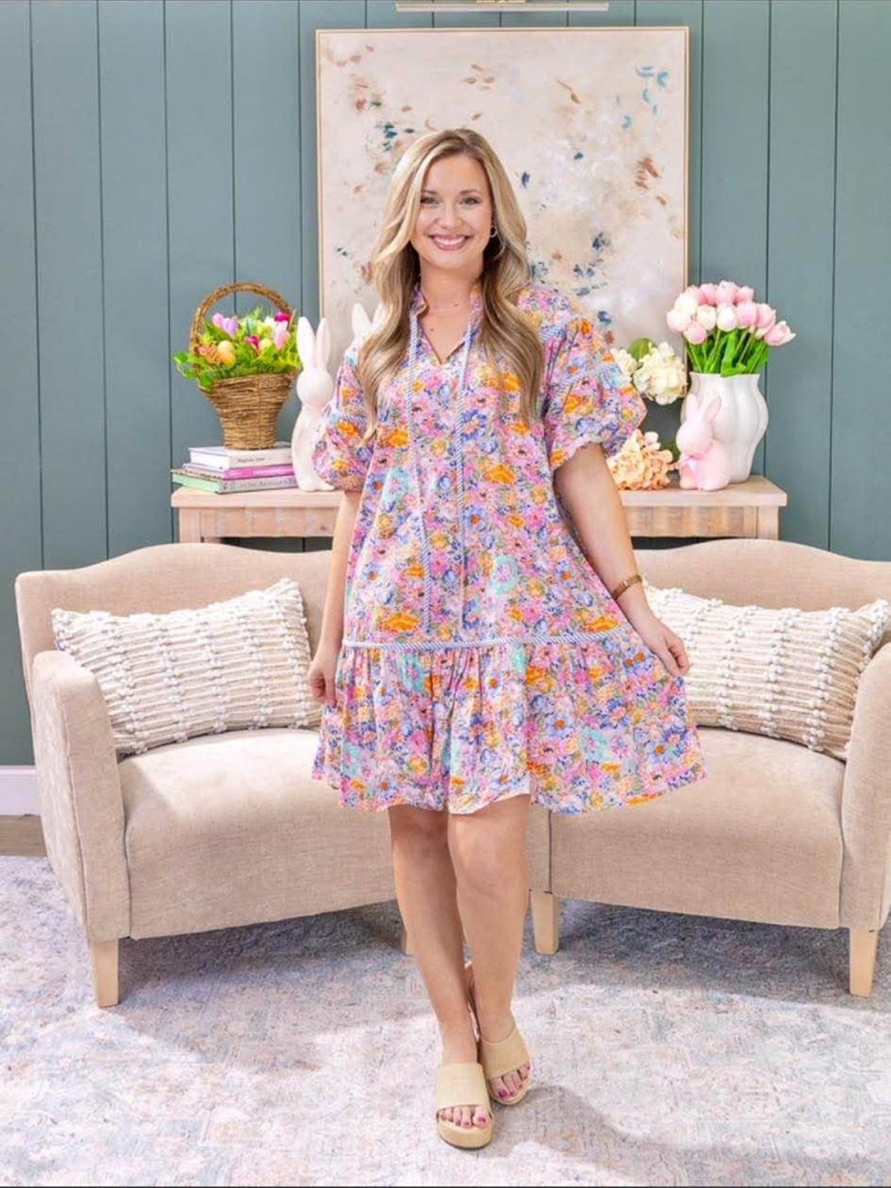 Umgee Pink Multi Floral Puff-Sleeve Tiered Mini Dress